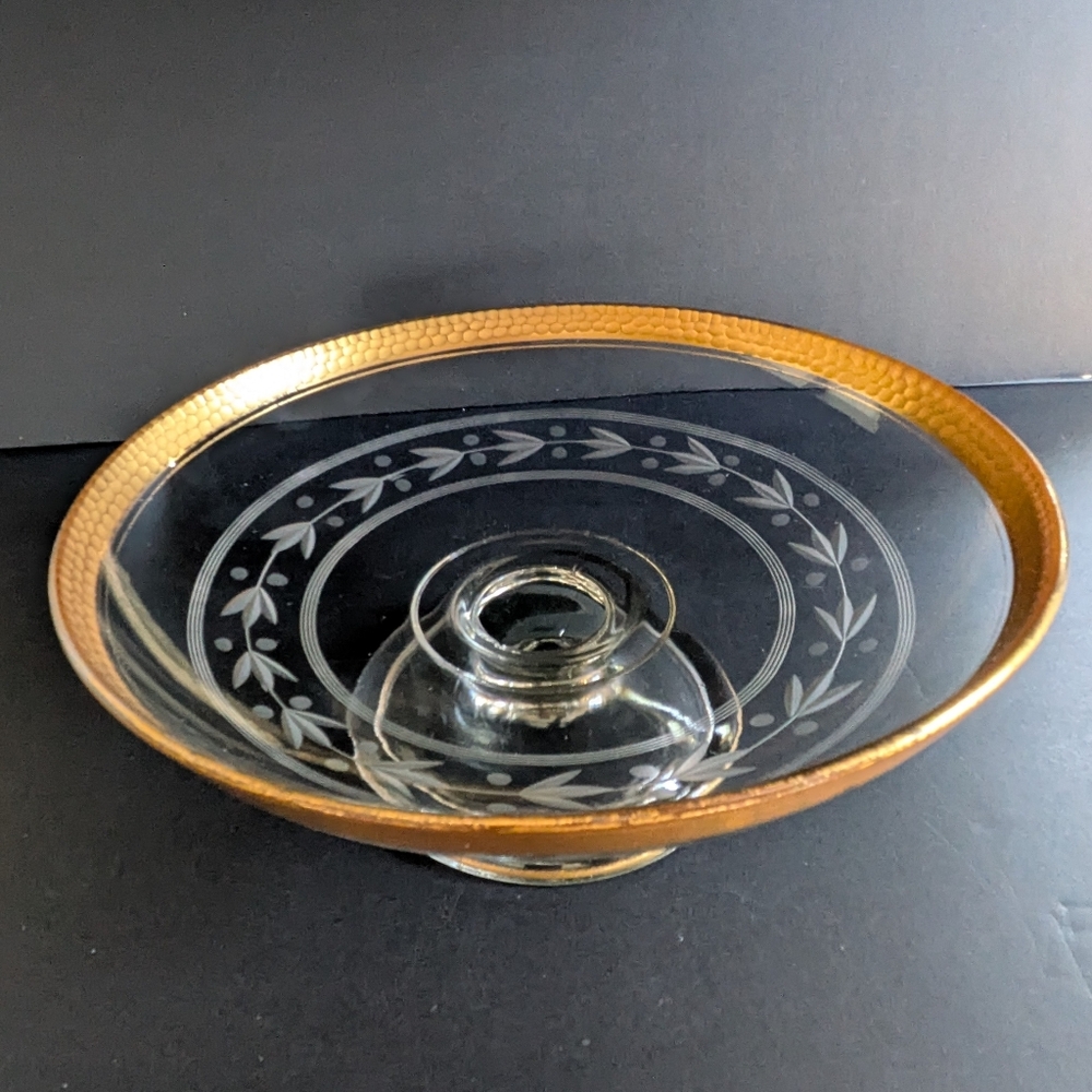 Vintage Footed Compote Fruit Bowl Etched Depression Glass Pebbled Gold Rim